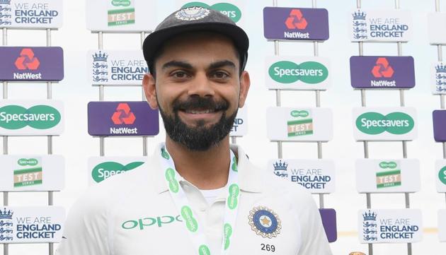 India captain Virat Kohli receives his man of the match award after day 5 of the 3rd Test Match between England and India at Trent Bridge on August 22, 2018 in Nottingham, England. (Getty Images) India captain Virat Kohli receives his man of the match award after day 5 of the 3rd Test Match between England and India at Trent Bridge on August 22, 2018 in Nottingham, England. (Getty Images)