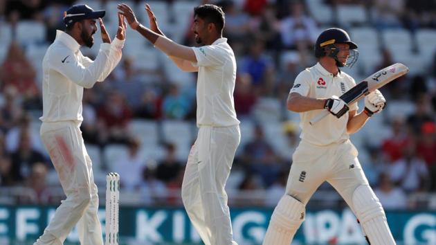 India's Jasprit Bumrah celebrates the wicket of England's Jos Buttler. (REUTERS) India's Jasprit Bumrah celebrates the wicket of England's Jos Buttler. (REUTERS)