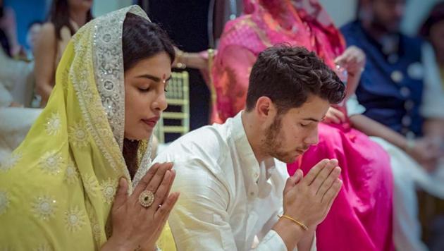 Bollywood actor Priyanka Chopra and American singer Nick Jonas perform pre-wedding rituals at her Juhu residence on Saturday.(PTI)