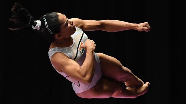 India's Dipa Karmakar participates on the vault in the women's qualification one of the artistic gymnastics event during the 2018 Asian Games in Jakarta. (AFP) India's Dipa Karmakar participates on the vault in the women's qualification one of the artistic gymnastics event during the 2018 Asian Games in Jakarta. (AFP)