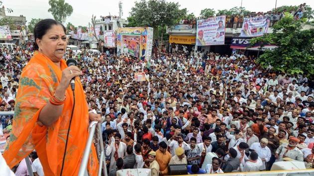 Rajasthan chief minister Vasundhara Raje was scheduled to begin the second leg of the yatra in Bharatpur division on August 16, 17, 19 and 20. However, the party decided to postpone the Bharatpur leg of the yatra after the demise of former prime minister Atal Bihari Vajpayee. (PTI/File Photo) Rajasthan chief minister Vasundhara Raje was scheduled to begin the second leg of the yatra in Bharatpur division on August 16, 17, 19 and 20. However, the party decided to postpone the Bharatpur leg of the yatra after the demise of former prime minister Atal Bihari Vajpayee. (PTI/File Photo)