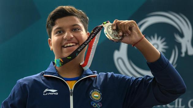 Indian shooter Shardul Vihan celebrates after winning the silver medal in Men's Double Trap event on Thursday.(PTI)