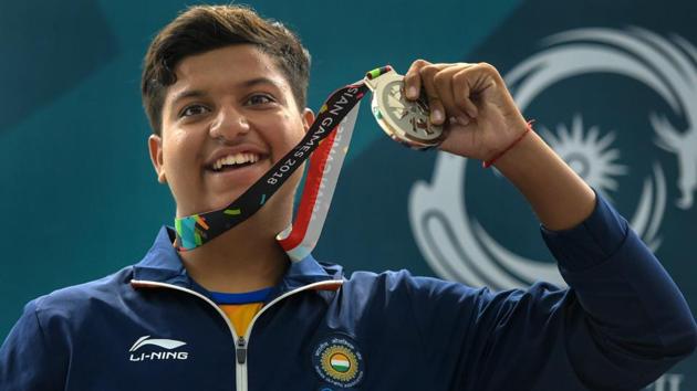 Indian shooter Shardul Vihan celebrates after winning silver medal in Men's Double Trap event. (PTI)
