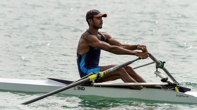 Indian rower Dattu Baban Bhokanal in action at the Asian Games in Palembang on Thursday.(PTI)