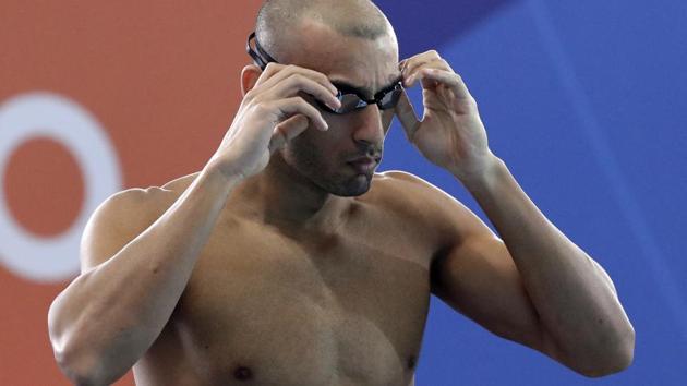 India's Virdhawal Vikram Khade prepares to swim in 50m butterfly at the Asian Games 2018.(AP)
