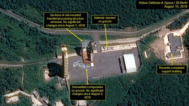 A satellite photo of North Korea’s Sohae Satellite Launching Station which the 38 North project says shows no significant activity observed at the launch pad in this August 16, 2018 image released from Washington, DC, U.S., on August 22, 2018.(Pleiades © CNES 2018) A satellite photo of North Korea’s Sohae Satellite Launching Station which the 38 North project says shows no significant activity observed at the launch pad in this August 16, 2018 image released from Washington, DC, U.S., on August 22, 2018.(Pleiades © CNES 2018)