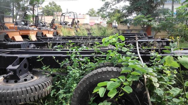 Unused chassis biting dust at fire station in Viishwakarma fire station, for past four years, in Jaipur.(HT Photo)