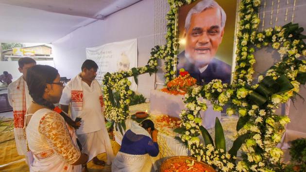 People pay tribute to former prime minister Atal Bihari Vajpayee before the immersion of his ashes in River Brahmaputra as part of the ‘Asthi Kalash Yatra’ at Hengrabari in Guwahati. (PTI) People pay tribute to former prime minister Atal Bihari Vajpayee before the immersion of his ashes in River Brahmaputra as part of the ‘Asthi Kalash Yatra’ at Hengrabari in Guwahati. (PTI)
