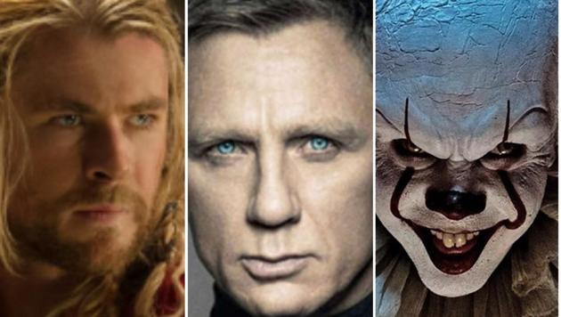 Chris Hemsworth, Daniel Craig and Bill Skarsgarg in stills from Thor: The Dark World, Skyfall and It.