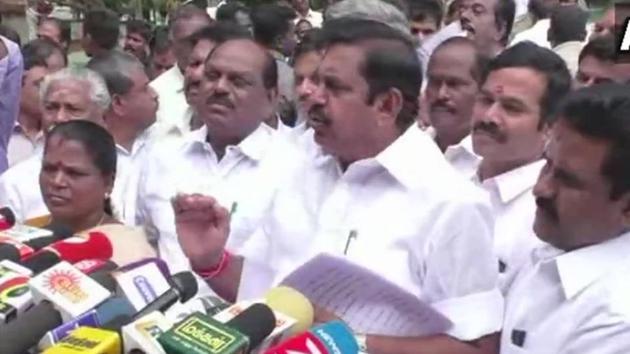 Tamil Nadu chief minister K Palaniswami speaks to reporters.(ANI Photo)