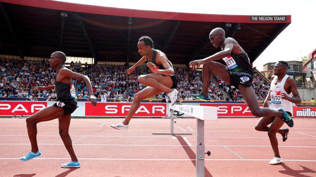 Kenya’s Nicholas Kiptanui Bett (2nd R) in action during the men’s 3000m steeplechase at Alexander Stadium during the IAAF Diamond League in Birmingham, England. (Peter Cziborra / Action images via REUTERS)