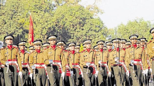 HT FILE PHOTO - Dehradun, India - Dec 03 :: Gentlemen Cadets marching in front of the Chetwood building at IMA in Dehradun, India. /HT Photo