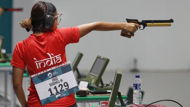 India's Heena Sidhu shoots during the 10m air pistol women's final at the 18th Asian Games in Palembang, Indonesia on August 24, 2018.(AP)