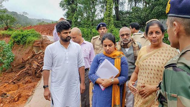Defence Minister Nirmala Sitharaman visits the flood-affected areas to review situation in Kodagu. “I am a member of Parliament from Karnataka. I want to offer Rs.1 crore of my MPLAD (Members of Parliament Local Area Development) for Kodagu district,” she said. (PTI)
