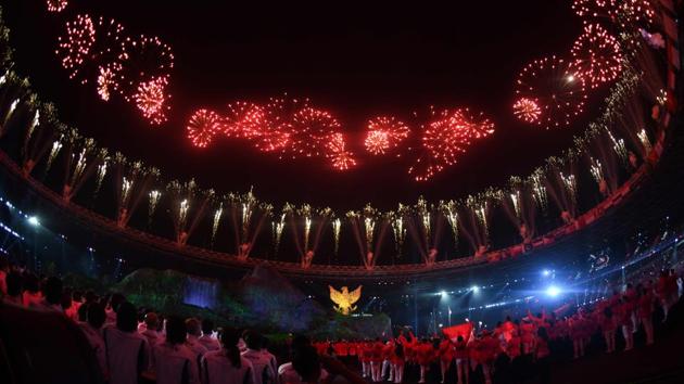 Fireworks explode during the opening ceremony of the 2018 Asian Games at the Gelora Bung Karno main stadium in Jakarta, Indonesia. (Jewel Samad / AFP)