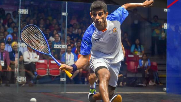 .India's Saurav Ghosal in action during men's squash semifinal match against Hong Kong. (PTI)