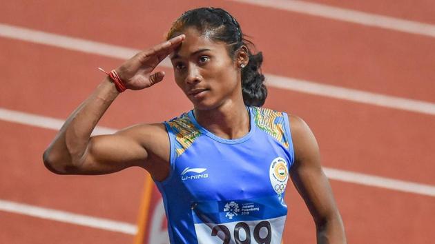 India's Hima Das after competing in the the women's 400m heat during athletics competition. (PTI)