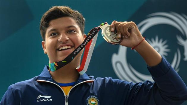 Palembang: Indian shooter Shardul Vihan celebrates after winning silver medal in Men's Double Trap event.(PTI)