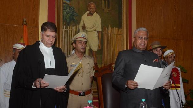 Tathagata Roy was sworn in as the 18th governor of Meghalaya at a function at the Raj Bhavan in Shillong on August 25.(HT Photo)