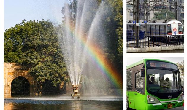 Sunlight cutting a fountain in Lodi Gardens creates a rainbow. (Right) Metro and buses in Delhi, which are in different colours of the VIBGYOR. (Shutterstock/HT Photo) Sunlight cutting a fountain in Lodi Gardens creates a rainbow. (Right) Metro and buses in Delhi, which are in different colours of the VIBGYOR. (Shutterstock/HT Photo)