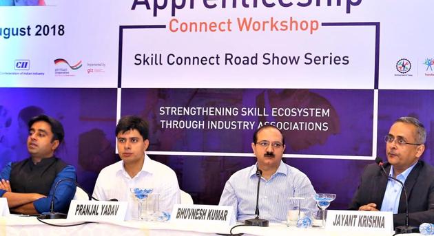 The event aimed at facilitating the industry, including the service sector now, to design its own courses according to specific requirements for creating an industry-ready skilled workforce.(HT Photo)