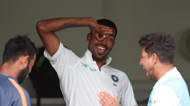 India’s Hardik Pandya celebrates in Dele Alli style during the third test match between India and England at Trent Bridge on August 20, 2018 in Nottingman, England. (REUTERS) India’s Hardik Pandya celebrates in Dele Alli style during the third test match between India and England at Trent Bridge on August 20, 2018 in Nottingman, England. (REUTERS)