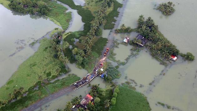 An aerial view shows partially submerged road at a flooded area in Kerala.(REUTERS)