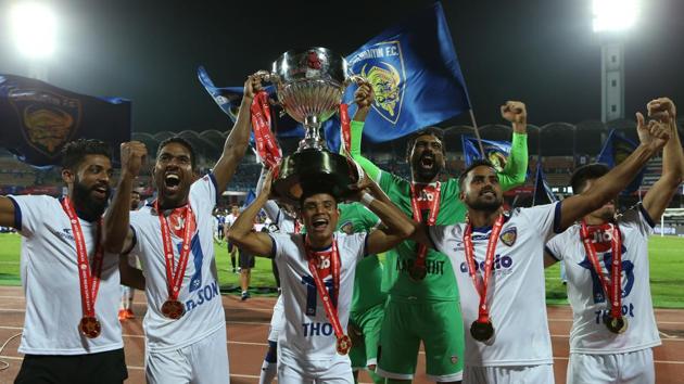 Chennaiyin FC celebrate the win during the final of the Hero Indian Super League between Bengaluru FC and Chennaiyin FC held at the Sree Kanteerava Stadium, Bengaluru.(ISL)