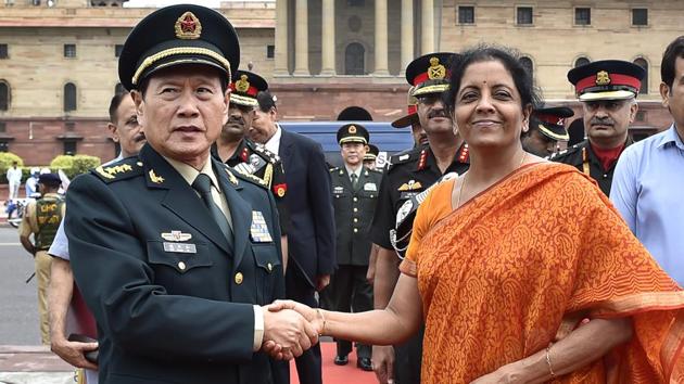 Defence Minister Nirmala Sitharaman welcomes the Defence Minister of China Wei Fenghe at South Block on August 23, 2018 in New Delhi. (Ajay Aggarwal / HT Photo) Defence Minister Nirmala Sitharaman welcomes the Defence Minister of China Wei Fenghe at South Block on August 23, 2018 in New Delhi. (Ajay Aggarwal / HT Photo)