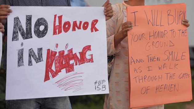Pakistani civil society activists carry placards during a protest in Islamabad against the murder of social media celebrity Qandeel Baloch by her own brother on July 18, 2016 .(AFP File Photo/Representative image)