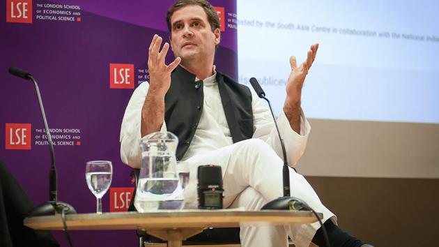 Congress President Rahul Gandhi speaks at an interactive session at London School of Economics, London on Friday. (PTI Photo) Congress President Rahul Gandhi speaks at an interactive session at London School of Economics, London on Friday. (PTI Photo)
