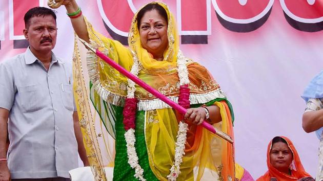 Rajasthan chief minister Vasundhara Raje was addressing a public meeting in Jaisalmer as part of the second leg of her 40-day Gaurav Yatra. (PTI) Rajasthan chief minister Vasundhara Raje was addressing a public meeting in Jaisalmer as part of the second leg of her 40-day Gaurav Yatra. (PTI)