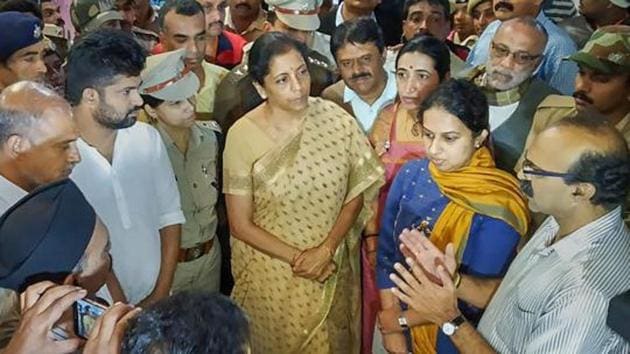 Defence minister Nirmala Sitharaman visits the flood-affected areas to review situations, in Kodagu. (PTI Photo) Defence minister Nirmala Sitharaman visits the flood-affected areas to review situations, in Kodagu. (PTI Photo)