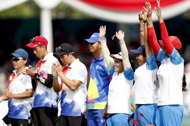 Jyothi Surekha Vennam, Muskan Kirar and Madhumita Kumari of India celebrate winning over Team Taiwan. (REUTERS) Jyothi Surekha Vennam, Muskan Kirar and Madhumita Kumari of India celebrate winning over Team Taiwan. (REUTERS)