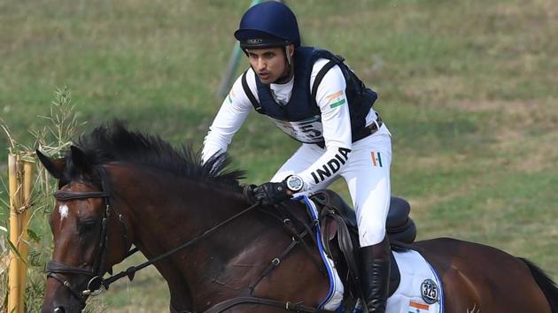 Fouaad Mirza competes in the eventing team and individual cross country event at the equestrian competition at Asian Games 2018.(AFP)