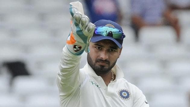 India's Rishabh Pant gestures to teammates during the third Test match against England at Trent Bridge.(AP)