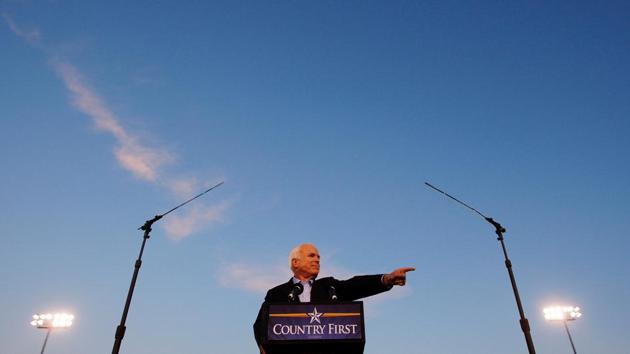 John McCain speaks at a campaign rally in Durango, Colorado on October 24, 2008. In Congress, McCain prided himself on his history of working across party lines on immigration, climate change and campaign finance reform. He supported the 2003 invasion of Iraq but also spoke out against the administration’s use of waterboarding, and other extreme interrogation tactics in the aftermath of the 9/11 attacks. (Brian Snyder / REUTERS File) John McCain speaks at a campaign rally in Durango, Colorado on October 24, 2008. In Congress, McCain prided himself on his history of working across party lines on immigration, climate change and campaign finance reform. He supported the 2003 invasion of Iraq but also spoke out against the administration’s use of waterboarding, and other extreme interrogation tactics in the aftermath of the 9/11 attacks. (Brian Snyder / REUTERS File)