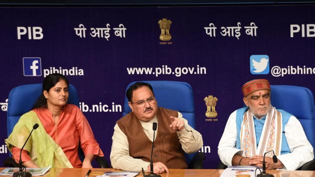 Union health minister JP Nadda (C) along with his MOS Anupriya Patel (L) and Ashwani Kumar Caubey during a press conference on Pradhan Matri Jan Arogya Yojna at National Media Centre, in New Delhi, on August 27. (Mohd Zakir/HT Photo) Union health minister JP Nadda (C) along with his MOS Anupriya Patel (L) and Ashwani Kumar Caubey during a press conference on Pradhan Matri Jan Arogya Yojna at National Media Centre, in New Delhi, on August 27. (Mohd Zakir/HT Photo)