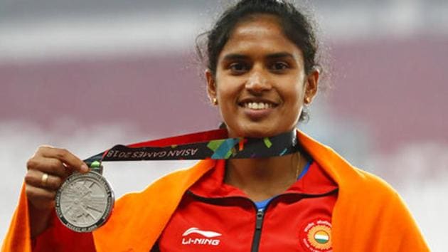 Women's long jump silver medalist India's Neena Varakil during the athletics competition. (AP) 