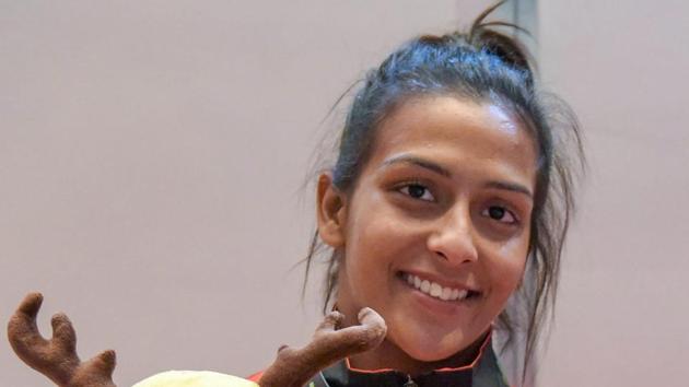 India's Pincky Balhara during the medals ceremony after winning silver in Kurash, a form of wrestling indigenous to central Asia.(PTI) India's Pincky Balhara during the medals ceremony after winning silver in Kurash, a form of wrestling indigenous to central Asia.(PTI)
