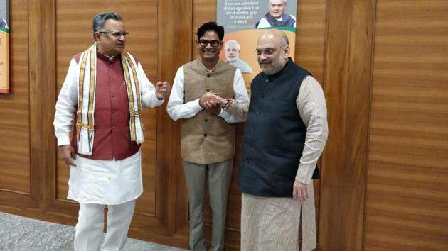 BJP president Amit Shah along with Chhattisgarh chief minister Raman Singh and former Raipur collector OP Choudhary on August 28. (Twitter/@drramansingh) BJP president Amit Shah along with Chhattisgarh chief minister Raman Singh and former Raipur collector OP Choudhary on August 28. (Twitter/@drramansingh)