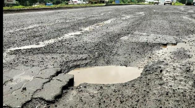 The pothole at Shahapur on the Mumbai-Nashik highway.(HT)