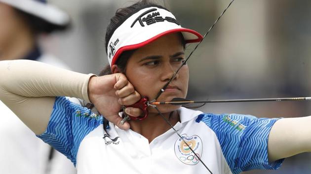 Madhumita Kumari of India competes in the women’s compound archery team final at Asian Games 2018.(REUTERS)