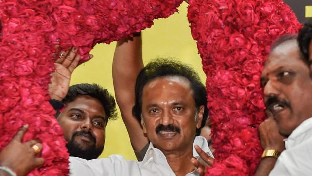 Dravida Munnetra Kazhagam supporters garland the newly-elected party chief MK Stalin in Chennai on Tuesday. (PTI photo) Dravida Munnetra Kazhagam supporters garland the newly-elected party chief MK Stalin in Chennai on Tuesday. (PTI photo)