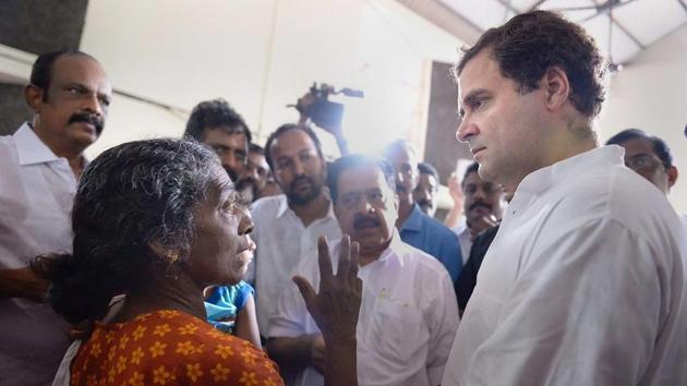 Congress president Rahul Gandhi on Tuesday met people in the districts hit hardest by the floods in Kerala which killed hundreds of people, left dozens missing and pushed about a million to relief camps. The Congress chief arrived in Thiruvananthapuram in the morning for a two-day visit and took a helicopter to Chengannur in Alappuzha district of the state. (PTI) Congress president Rahul Gandhi on Tuesday met people in the districts hit hardest by the floods in Kerala which killed hundreds of people, left dozens missing and pushed about a million to relief camps. The Congress chief arrived in Thiruvananthapuram in the morning for a two-day visit and took a helicopter to Chengannur in Alappuzha district of the state. (PTI)