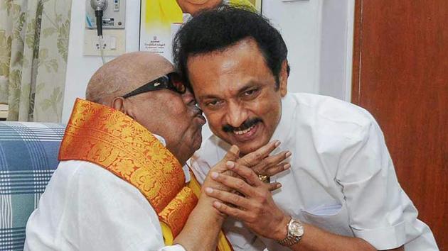 DMK president MK Stalin with his father late Karunanidhi in Chennai on Jan. 10, 2014.(PTI File Photo)