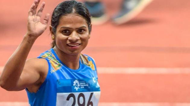 Jakarta: India's Dutee Chand reacts after winning Silver medal in the women's 200m final event. (PTI)