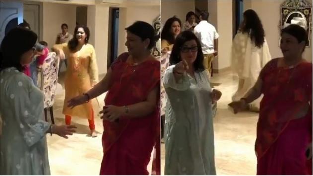 Nick Jonas’ mom Denise and Priyanka Chopra’s mom Madhu danced together at their kids’ engagement ceremony.(Instagram)