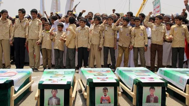 (FILES) In this file photo taken on August 13, 2018 Yemeni children vent anger against Riyadh and Washington as they take part in a mass funeral in the northern Yemeni city of Saada, a stronghold of the Iran-backed Huthi rebels, for children killed in an air strike by the Saudi-led coalition last week. - (AFP) (FILES) In this file photo taken on August 13, 2018 Yemeni children vent anger against Riyadh and Washington as they take part in a mass funeral in the northern Yemeni city of Saada, a stronghold of the Iran-backed Huthi rebels, for children killed in an air strike by the Saudi-led coalition last week. - (AFP)