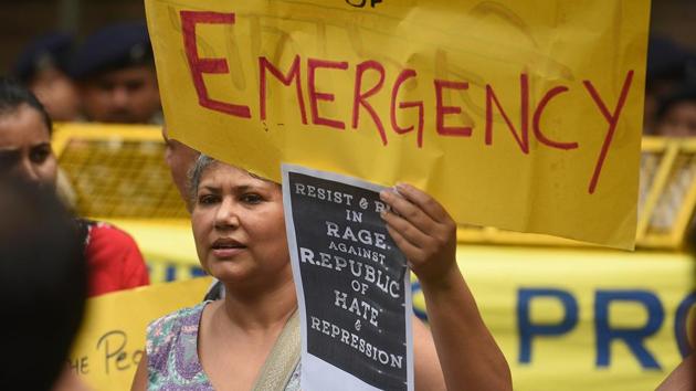 Citizens stage a protest against the police raids and illegal arrest of human right activists, at Maharashtra Sadan, in New Delhi, India, on Wednesday, August 29, 2018.(Raj K Raj/HT PHOTO)